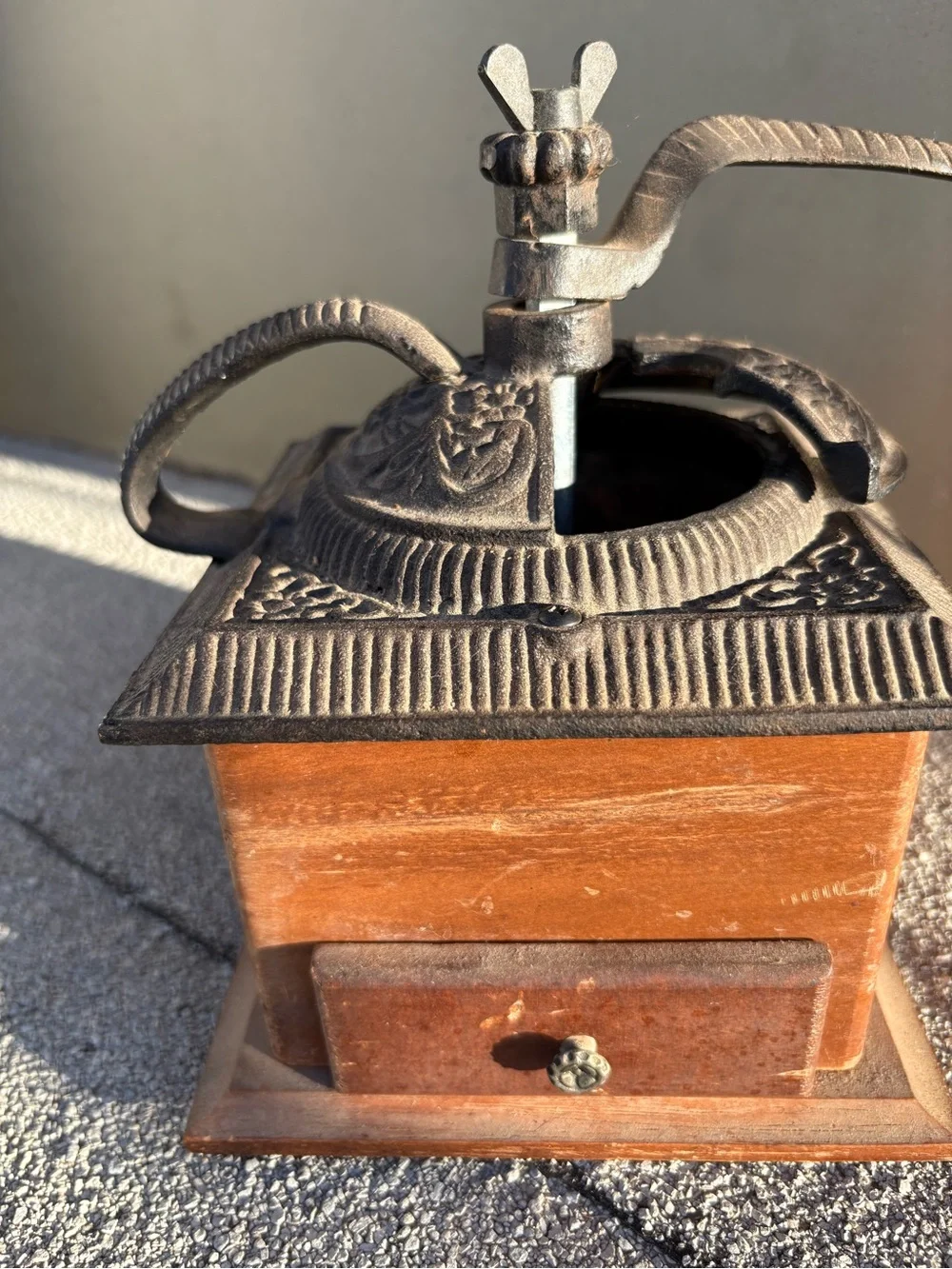 Vintage Wooden hand crank coffee grinder cast iron Rustic farmhouse decor